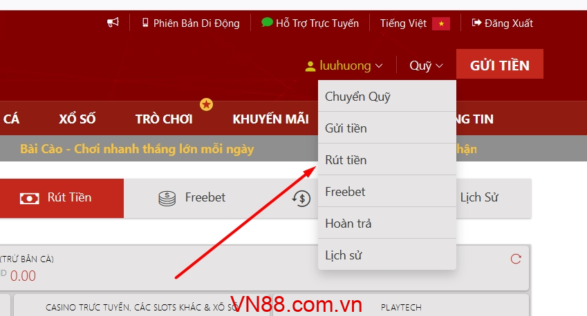 Cách rút tiền VN88