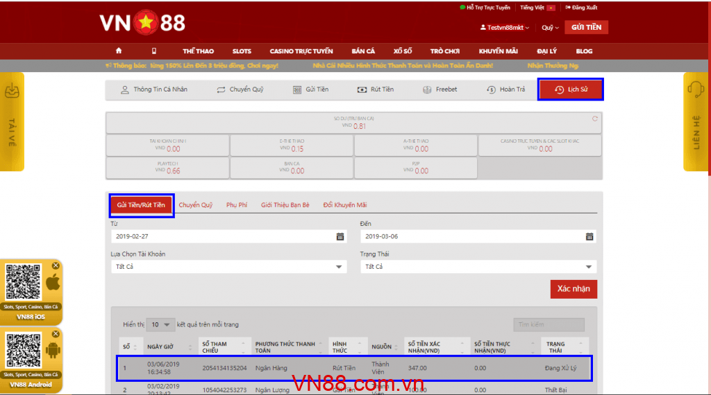 Lịch sử rút tiền VN88