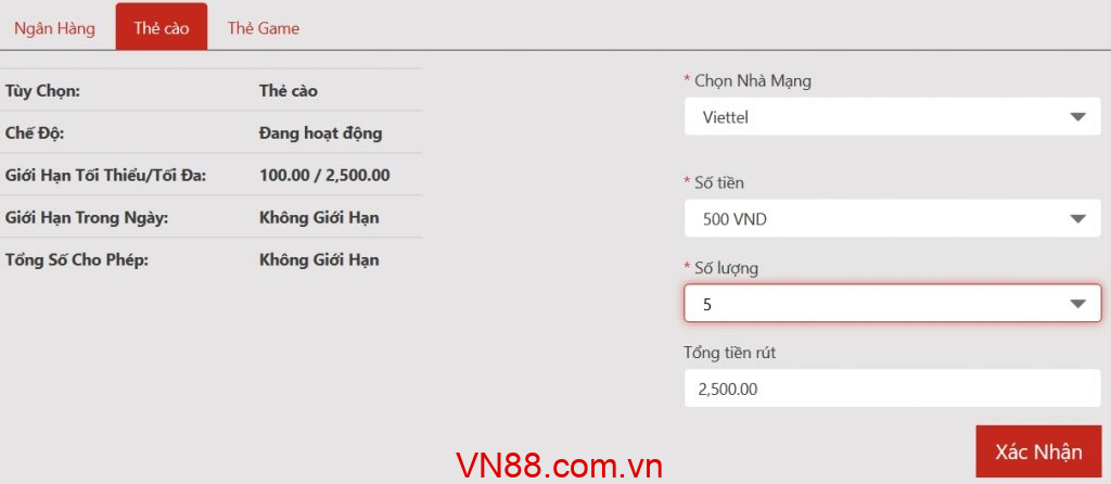 Rút tiền VN88 thẻ điện thoại