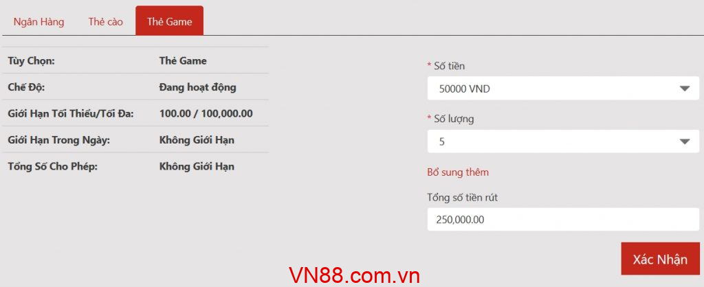 Rút tiền thẻ Game VN88