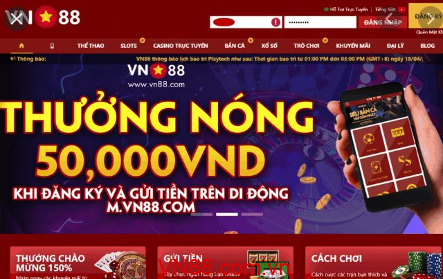 Vn88 thưởng 50k khi đăng ký và gửi tiền trên di động